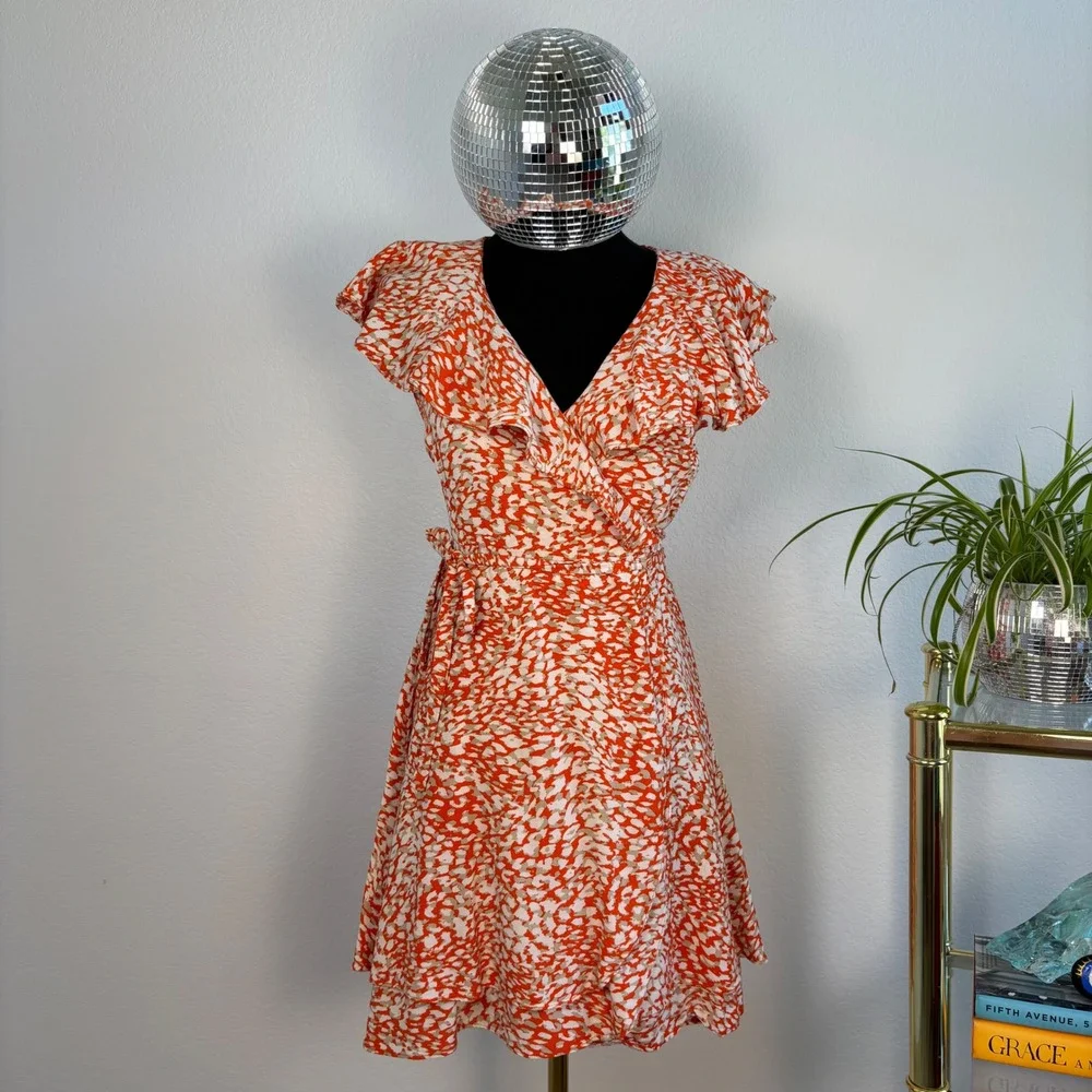 Free People French Quarter mini wrap dress, Small Orange White Animal Print boho
